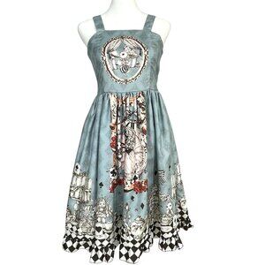 Lolita Alice in Wonderland White Rabbit Fit & Flare Blue Smocked Ruffle Dress M